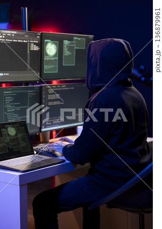 Hacker doing phishing attacks tricking users into revealing credit card data. Man using PC, launching DDoS attacks flooding servers to crash websites and disrupt services Hacker doing phishing attacks tricking users into revealing credit card data. Man using PC, launching DDoS attacks flooding servers to crash websites and disrupt services 136879961