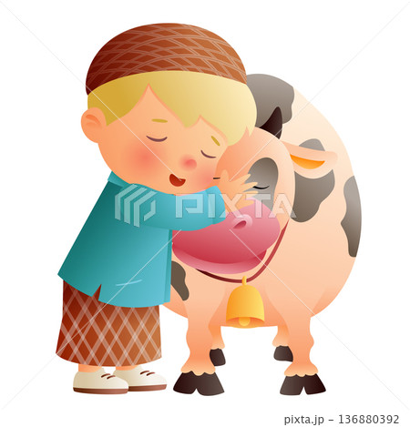 Cute boy petting cow cartoon character isolated on white background Cute boy petting cow cartoon character isolated on white background 136880392