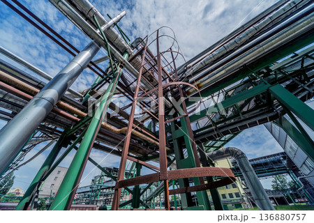 Equipment and pipeline in oil refinery. Industrial background  136880757