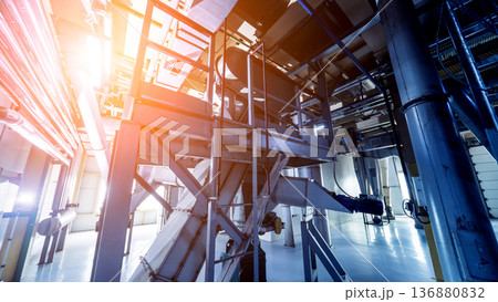 Interior of modern natural oil factory. The piping, pumps and motors Interior of modern natural oil factory. The piping, pumps and motors 136880832