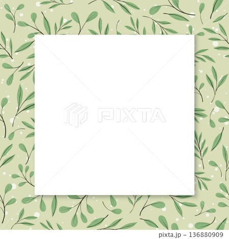 Blank white square frame on various green leaves pattern hand drawn style background 136880909