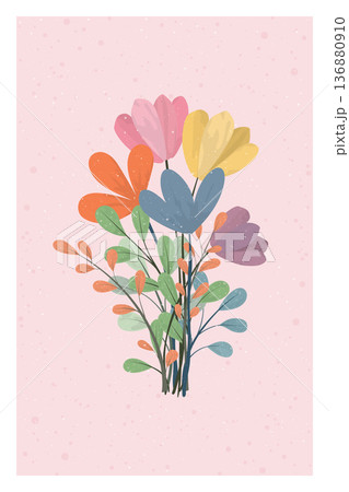 Pastel spring flowers bouquet hand drawn style on pink backgroundwith white frame vertical template. 136880910