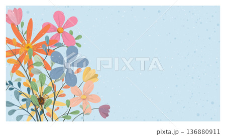Pastel spring flowers bouquet hand drawn style on light blue background with white frame horizontal template have blank space 136880911