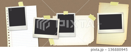 Many old blank photograph paper and old notepaper stick on craft paper background have blank space. Many old blank photograph paper and old notepaper stick on craft paper background have blank space. 136880945