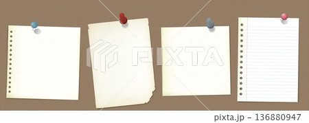 Various old notepapers with stains effect stick by pins on brown board background Various old notepapers with stains effect stick by pins on brown board background 136880947