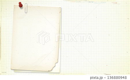 Both of old papers with stains effect attached by paper clip and stick by pins on old grid paper have blank space. 136880948