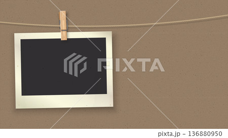 Old blank photograph paper hanging on the rope by wooden clothespins with craft paper texture background Old blank photograph paper hanging on the rope by wooden clothespins with craft paper texture background 136880950