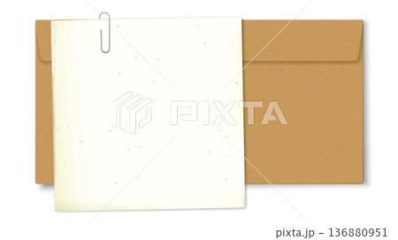 Old blank notepapers with stains effect attached by paper clip with brown envelope isolated Old blank notepapers with stains effect attached by paper clip with brown envelope isolated 136880951