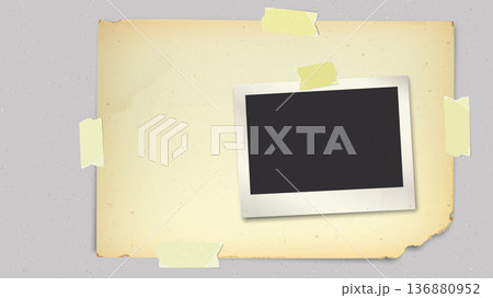 Old blank photograph paper horizontal frame and vintage paper stick on cement wall background 136880952