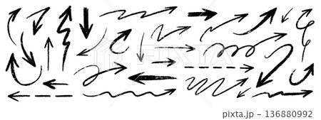 Arrow hand drawn brush line set. Arrow line hand drawn brush chalk pencil crayon stroke marker paint..Rough scribble doodle sketchy underline curve wave angle swirl crayon texture. Vector Arrow hand drawn brush line set. Arrow line hand drawn brush chalk pencil crayon stroke marker paint..Rough scribble doodle sketchy underline curve wave angle swirl crayon texture. Vector 136880992