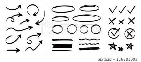 Arrow, circle, underline marker hand pen set. Arrow line marker hand drawn brush pencil sketch. Doodle check, cross, star oval round icon sign symbol texture rough. Vector Arrow, circle, underline marker hand pen set. Arrow line marker hand drawn brush pencil sketch. Doodle check, cross, star oval round icon sign symbol texture rough. Vector 136881003