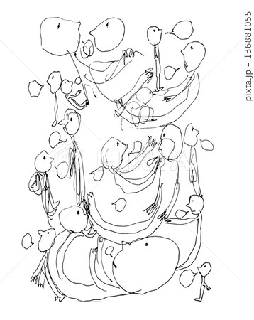 吹き出しを持ち会話や意見を交わし合う多くの人々を描いた手描きイラスト素材 136881055