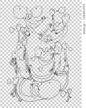 吹き出しを持ち会話や意見を交わし合う多くの人々を描いた手描きイラスト素材 136881055