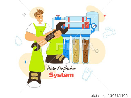Water Purification System Technology Illustration Featuring Clean Drinking Water Filtration Process With Eco Friendly Industrial Solution Background 136881103