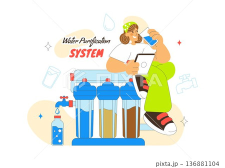 Water Purification System Technology Illustration Featuring Clean Drinking Water Filtration Process With Eco Friendly Industrial Solution Background Water Purification System Technology Illustration Featuring Clean Drinking Water Filtration Process With Eco Friendly Industrial Solution Background 136881104