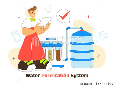 Water Purification System Technology Illustration Featuring Clean Drinking Water Filtration Process With Eco Friendly Industrial Solution Background 136881105