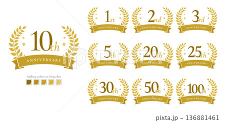 ゴールド周年記念ラベルセット | 月桂冠・リボン・1周年〜100周年 フラットデザイン ベクター素材 ゴールド周年記念ラベルセット | 月桂冠・リボン・1周年〜100周年 フラットデザイン ベクター素材 136881461