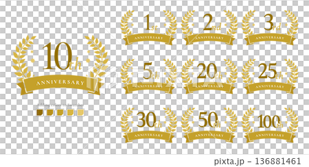 ゴールド周年記念ラベルセット | 月桂冠・リボン・1周年〜100周年 フラットデザイン ベクター素材 ゴールド周年記念ラベルセット | 月桂冠・リボン・1周年〜100周年 フラットデザイン ベクター素材 136881461