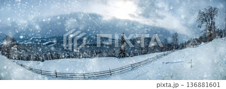 Snow falls on a winter landscape with trees and mountains in the background during daytime 136881601