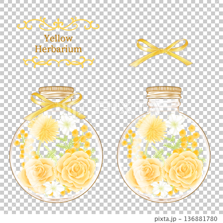 圓形瓶子裡的黃色花草植物標本 136881780