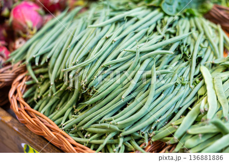Pile of green beans displayed at market Pile of green beans displayed at market 136881886