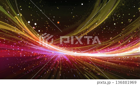 暖色系黒背景に滑粒子の波が流れるテクノロジーやサウンドの視覚イメージ動画 暖色系黒背景に滑粒子の波が流れるテクノロジーやサウンドの視覚イメージ動画 136881969