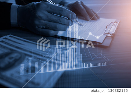 Stock market or forex trading graph and candlestick chart suitable for financial investment concept. Economy trends background for business idea and all art work design. Abstract finance background. 136882156