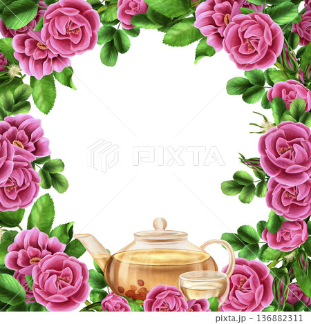 A frame of flowers and rosehip tea. Hand-painted watercolor illustration on an isolated background. Suitable for cards, invitations, packaging design, and printing on fabric and paper. A frame of flowers and rosehip tea. Hand-painted watercolor illustration on an isolated background. Suitable for cards, invitations, packaging design, and printing on fabric and paper. 136882311