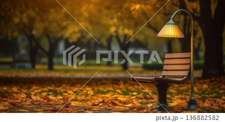 Wooden chair in the autumn garden blurred background, AI Generated 136882582