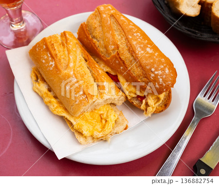 Omelette sandwich served for breakfast 136882754