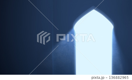 A spiritual and atmospheric scene featuring a bright light shining through a traditional Islamic arched doorway, creating a sense of peace, hope, and divine presence 136882965