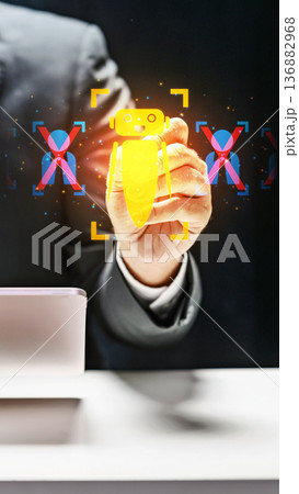 A businessman interacts with a digital interface, selecting a glowing yellow AI robot icon while human worker icons are crossed out, symbolizing automation and job replacement in the workforce A businessman interacts with a digital interface, selecting a glowing yellow AI robot icon while human worker icons are crossed out, symbolizing automation and job replacement in the workforce 136882968