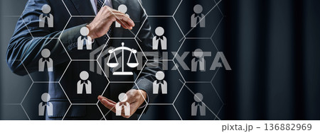 Businessman protecting a network of employees and justice scales, representing corporate legal compliance, labor law, ethical management, and human resources protection 136882969