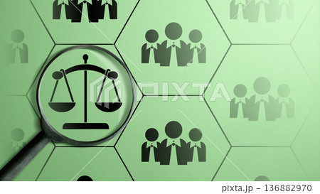 A conceptual illustration of a magnifying glass highlighting a scales of justice icon among corporate people on a green hexagonal grid. Ideal for law, HR, and compliance themes A conceptual illustration of a magnifying glass highlighting a scales of justice icon among corporate people on a green hexagonal grid. Ideal for law, HR, and compliance themes 136882970