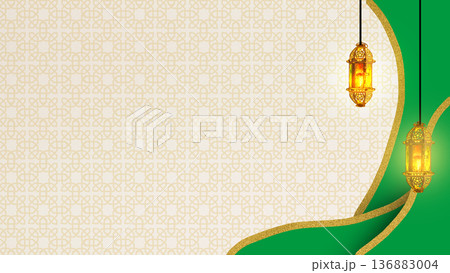Festive Islamic background featuring glowing golden lanterns, decorative geometric patterns, and elegant green and gold wavy accents. Perfect for Ramadan and Eid celebrations Festive Islamic background featuring glowing golden lanterns, decorative geometric patterns, and elegant green and gold wavy accents. Perfect for Ramadan and Eid celebrations 136883004