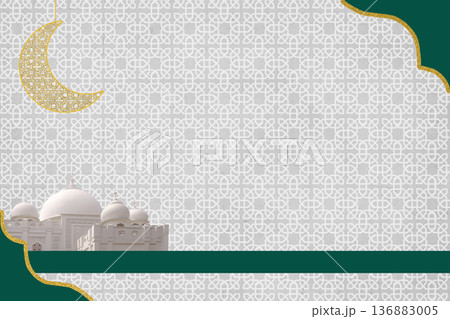 Elegant Islamic background featuring a white mosque, golden crescent moon, and geometric patterns. Perfect for Ramadan, Eid celebrations, and religious greeting cards Elegant Islamic background featuring a white mosque, golden crescent moon, and geometric patterns. Perfect for Ramadan, Eid celebrations, and religious greeting cards 136883005