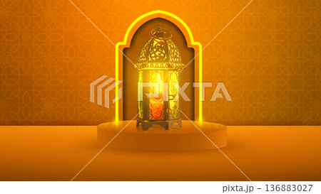 A 3D illustration of a traditional Arabic fanous lantern glowing on a podium against an orange background with Islamic geometric patterns and a glowing arch for Ramadan or Eid 136883027