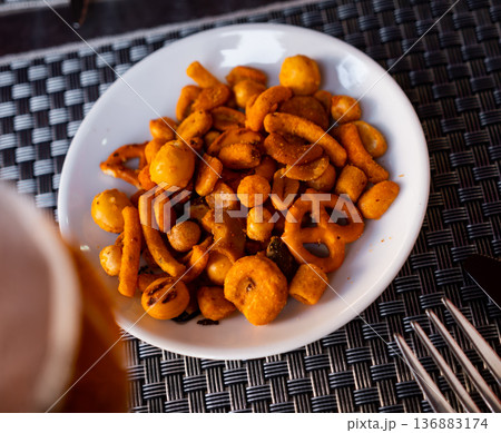 Spanish beer snack tapas on plate Spanish beer snack tapas on plate 136883174