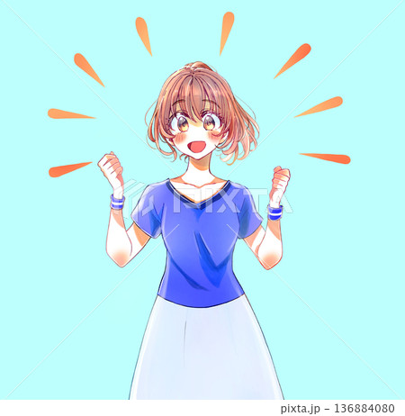 両手で握りこぶしを作る明るい表情の女性　青いユニフォーム 136884080
