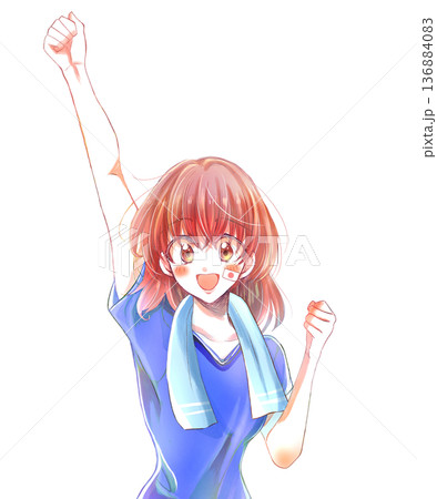 拳を挙げる女性　青色のユニフォーム 136884083