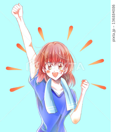 拳を挙げる女性　青色のユニフォーム 136884086