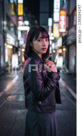 煌びやかな夜の繁華街でレザージャケットを着て振り返る女性 136884247