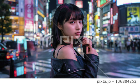煌びやかな夜の繁華街でレザージャケットを着て振り返る女性 136884252