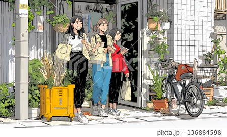 道端で会話を楽しむ若い主婦たち（ママ友たち）