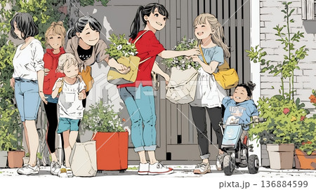 道端で会話を楽しむ若い主婦たち（ママ友たち）