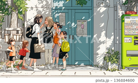 道端で会話を楽しむ若い主婦たち（ママ友たち）