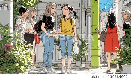 道端で会話を楽しむ若い主婦たち（ママ友たち）