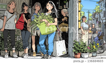 道端で会話を楽しむ若い主婦たち（ママ友たち）