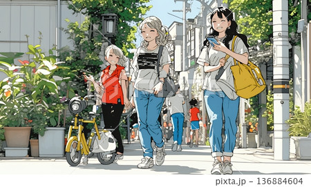 道端で会話を楽しむ若い主婦たち（ママ友たち）