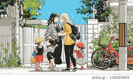 道端で会話を楽しむ若い主婦たち（ママ友たち）